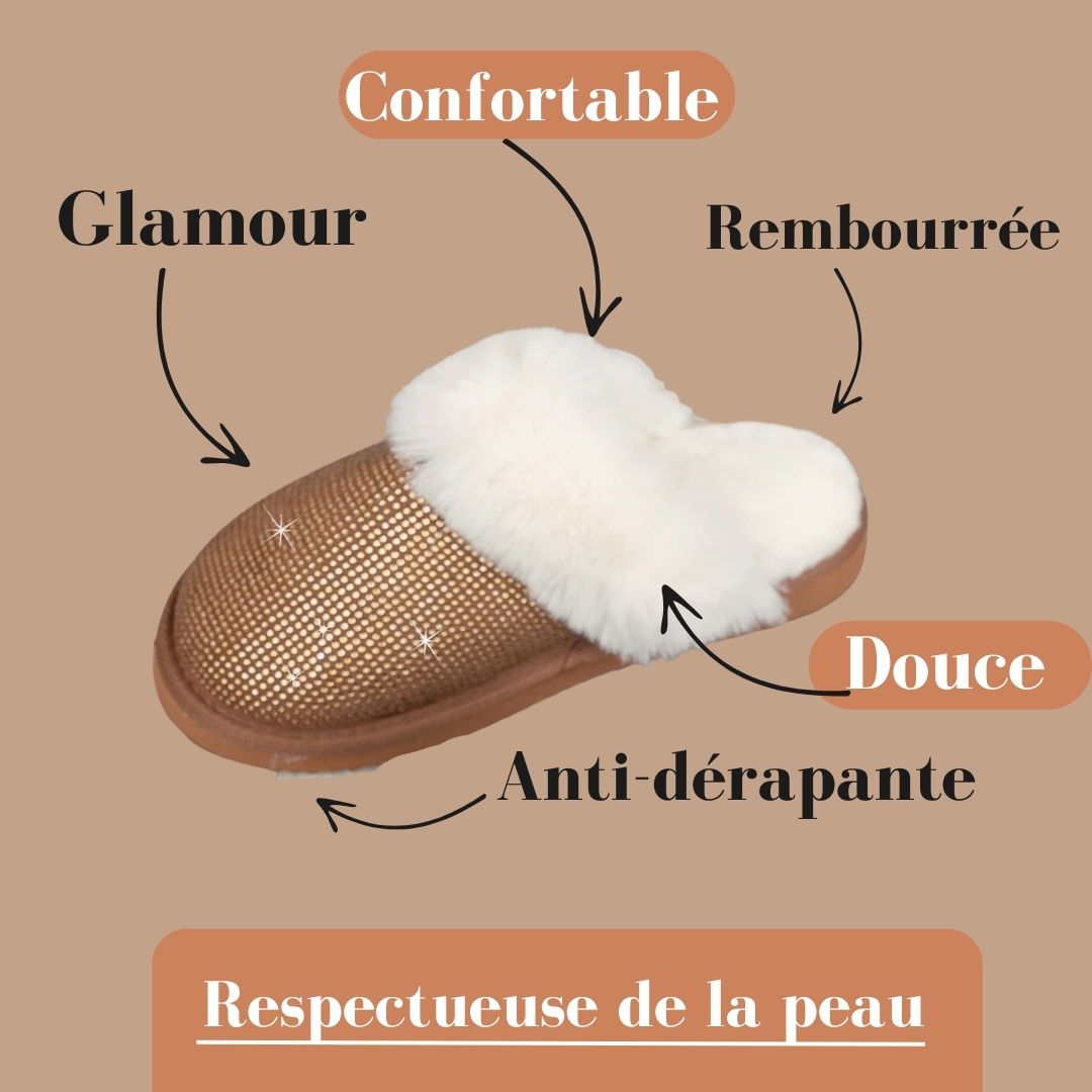 Pantoufles femme chaudes fausse fourrure cocooning strass ambage modèle LYNE