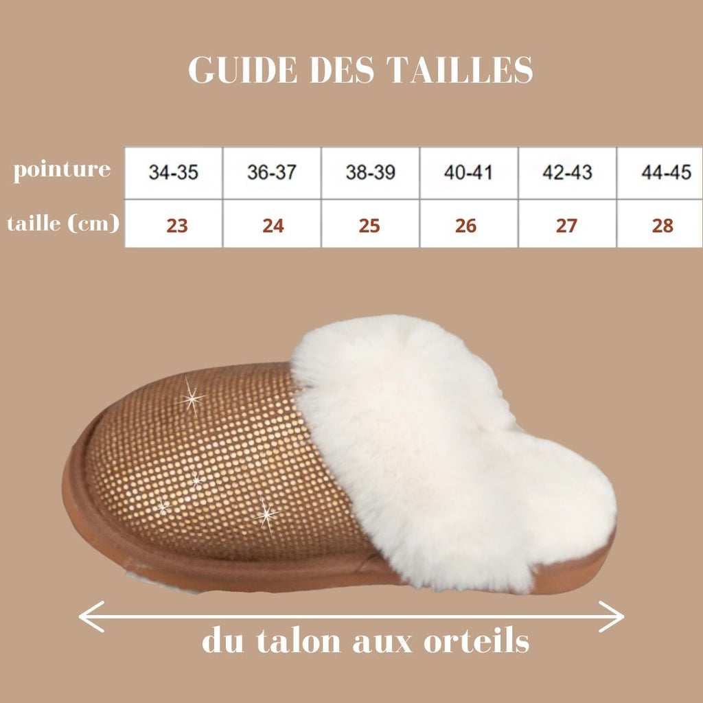 Pantoufles, chaussons femme chaudes, hiver, camel, fausse fourrure, strass, doux, cocooning ambage modèle LYNE souple, antidérapant, détente, guide des tailles