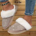 Pantoufles, chaussons femme chaudes, hiver, grise, fausse fourrure, strass, doux, cocooning ambage modèle LYNE souple, antidérapant, détente