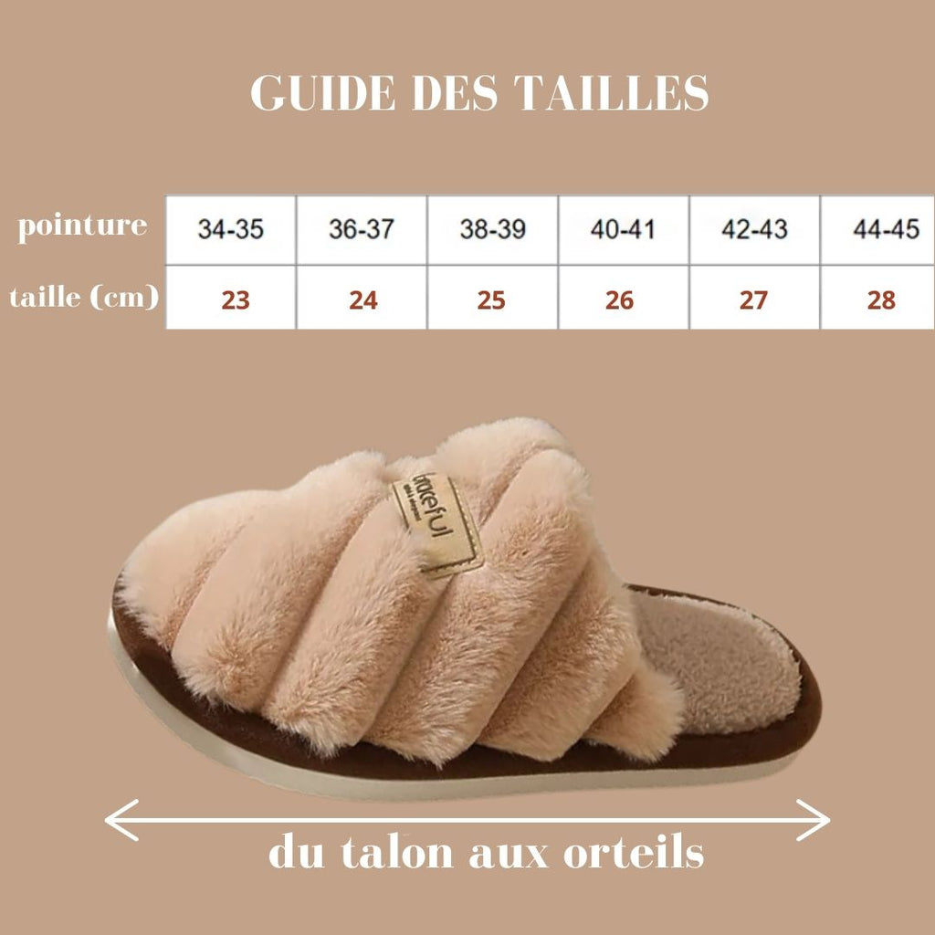 Pantoufles, chaussons femme chaudes, hiver, beige, fausse fourrure, doux, cocooning ambage modèle MARJO souple, antidérapant, détente, sexy, guide des tailles
