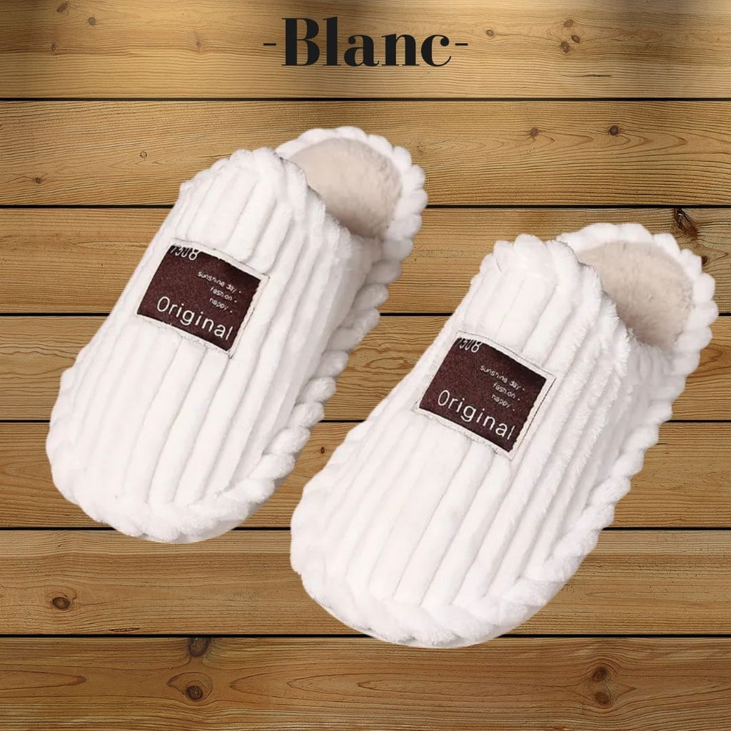 Pantoufles, chaussons femme chaudes, hiver, blanche, fausse fourrure, doux, cocooning ambage modèle MALY souple, antidérapant, détente, basique