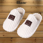 Pantoufles, chaussons femme chaudes, hiver, blanche, fausse fourrure, doux, cocooning ambage modèle MALY souple, antidérapant, détente, basique