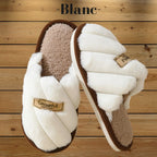 Pantoufles, chaussons femme chaudes, hiver, blanche, fausse fourrure, doux, cocooning ambage modèle MARJO souple, antidérapant, détente, sexy