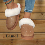 Pantoufles, chaussons femme chaudes, hiver, camel, fausse fourrure, strass, doux, cocooning ambage modèle LYNE souple, antidérapant, détente
