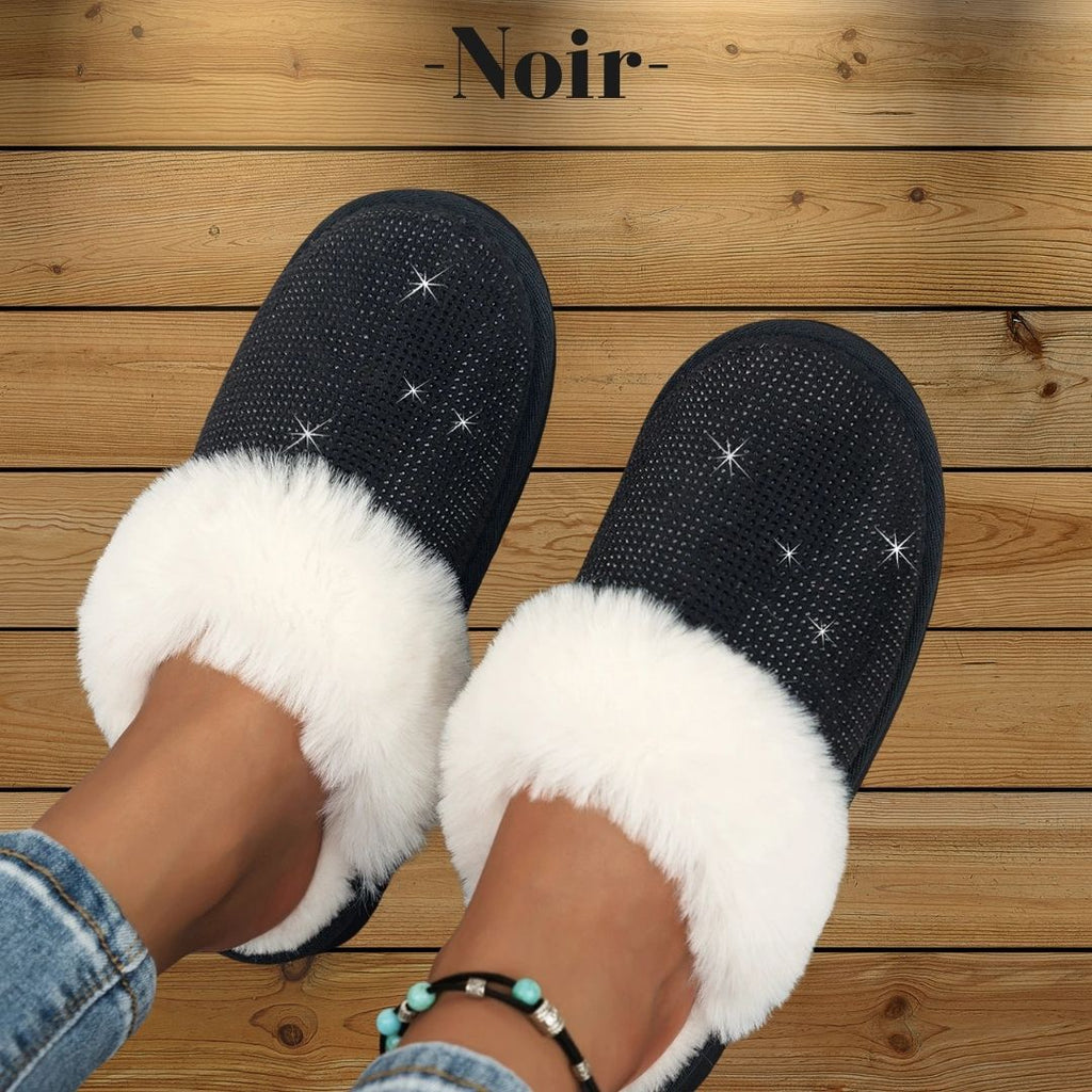 Pantoufles, chaussons femme chaudes, hiver, noire, fausse fourrure, strass, doux, cocooning ambage modèle LYNE souple, antidérapant, détente, aestetic