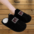 Pantoufles, chaussons femme chaudes, hiver, noire, fausse fourrure, doux, cocooning ambage modèle MALY souple, antidérapant, détente, basique