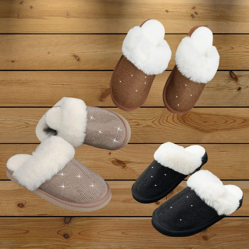Pantoufles, chaussons femme chaudes, hiver, fausse fourrure, strass, doux, cocooning ambage modèle LYNE souple, antidérapant, détente, toutes les couleurs