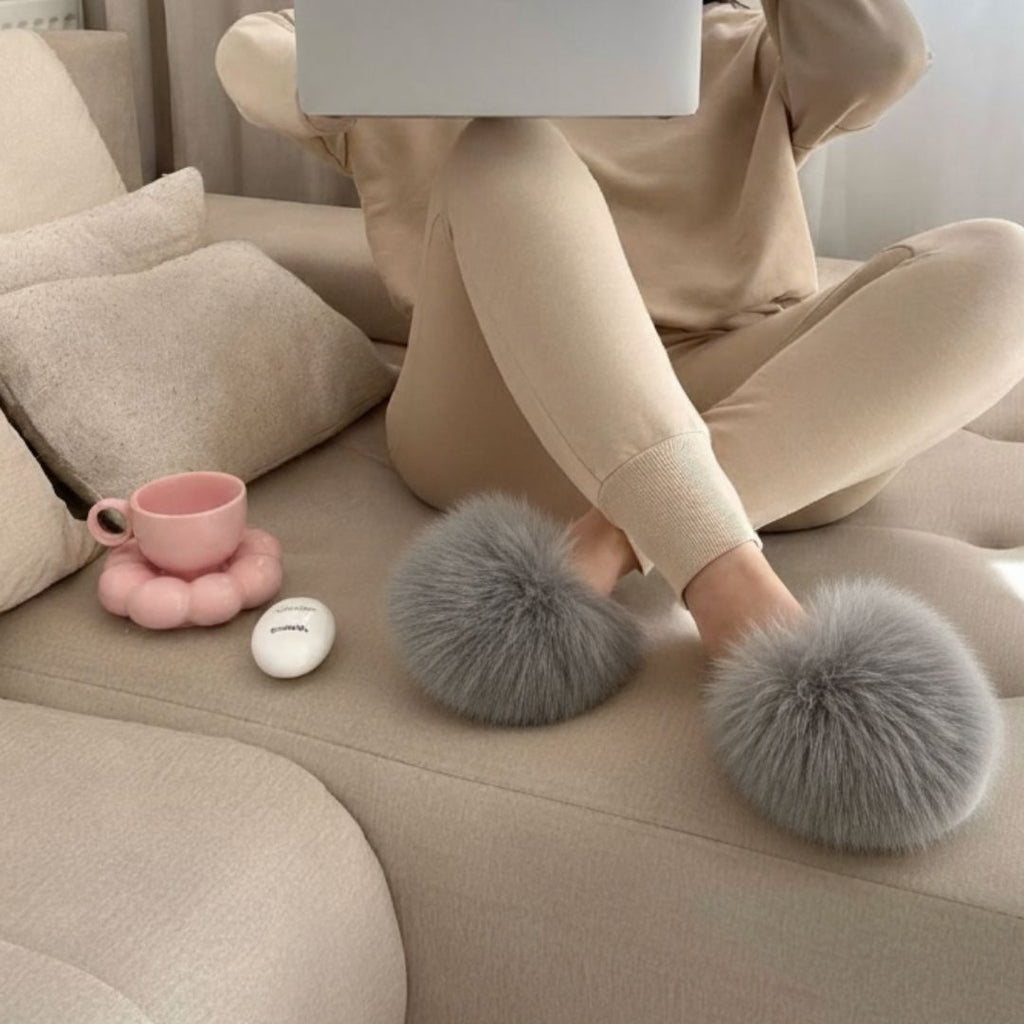 Pantoufles, chaussons femme chaudes, hiver, grise, fausse fourrure, doux, cocooning ambage modèle JADE souple, antidérapant, télétravail, détente