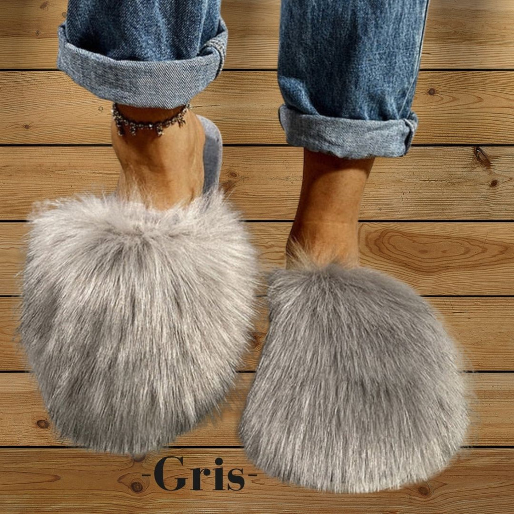 Pantoufles, chaussons femme chaudes, hiver, grise, fausse fourrure, doux, cocooning ambage modèle JADE souple, antidérapant