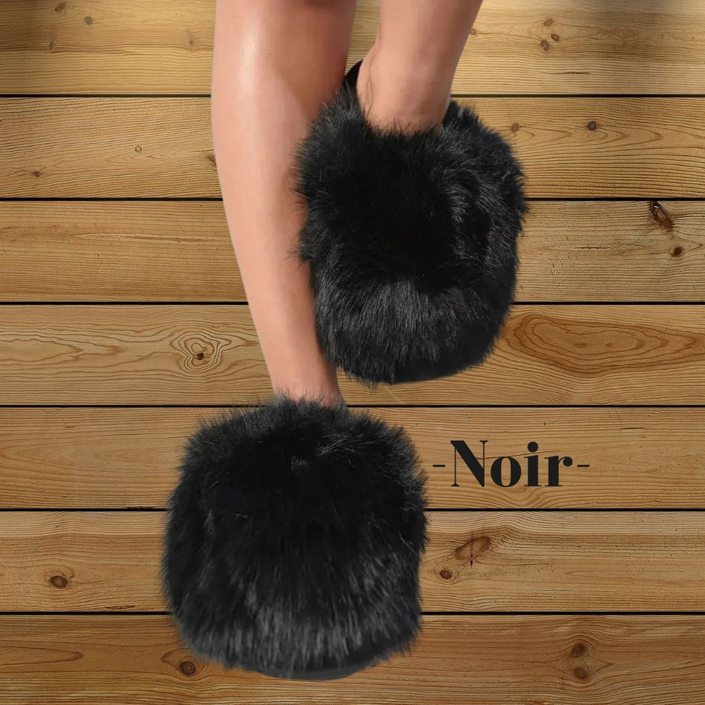 Pantoufles, chaussons femme chaudes, hiver, noire, fausse fourrure, doux, cocooning ambage modèle JADE souple, antidérapant